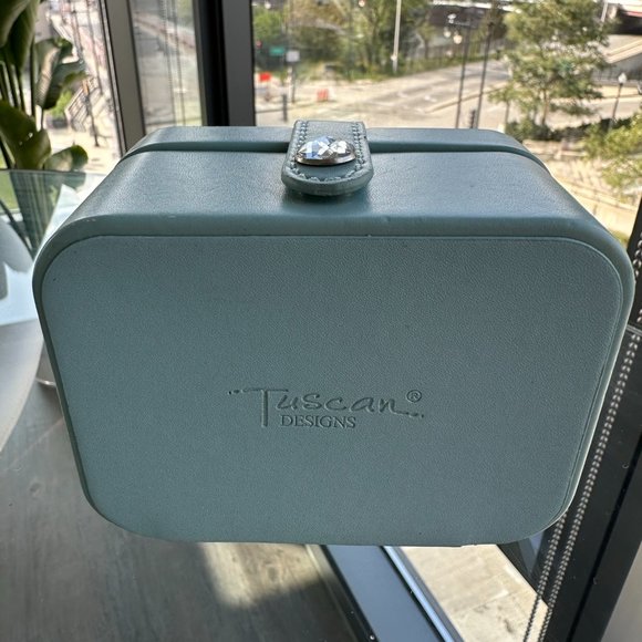 Light Blue Leather Mini Travel Jewelry Box w Handle and Ring Slots Tuscan Design - Picture 5 of 5